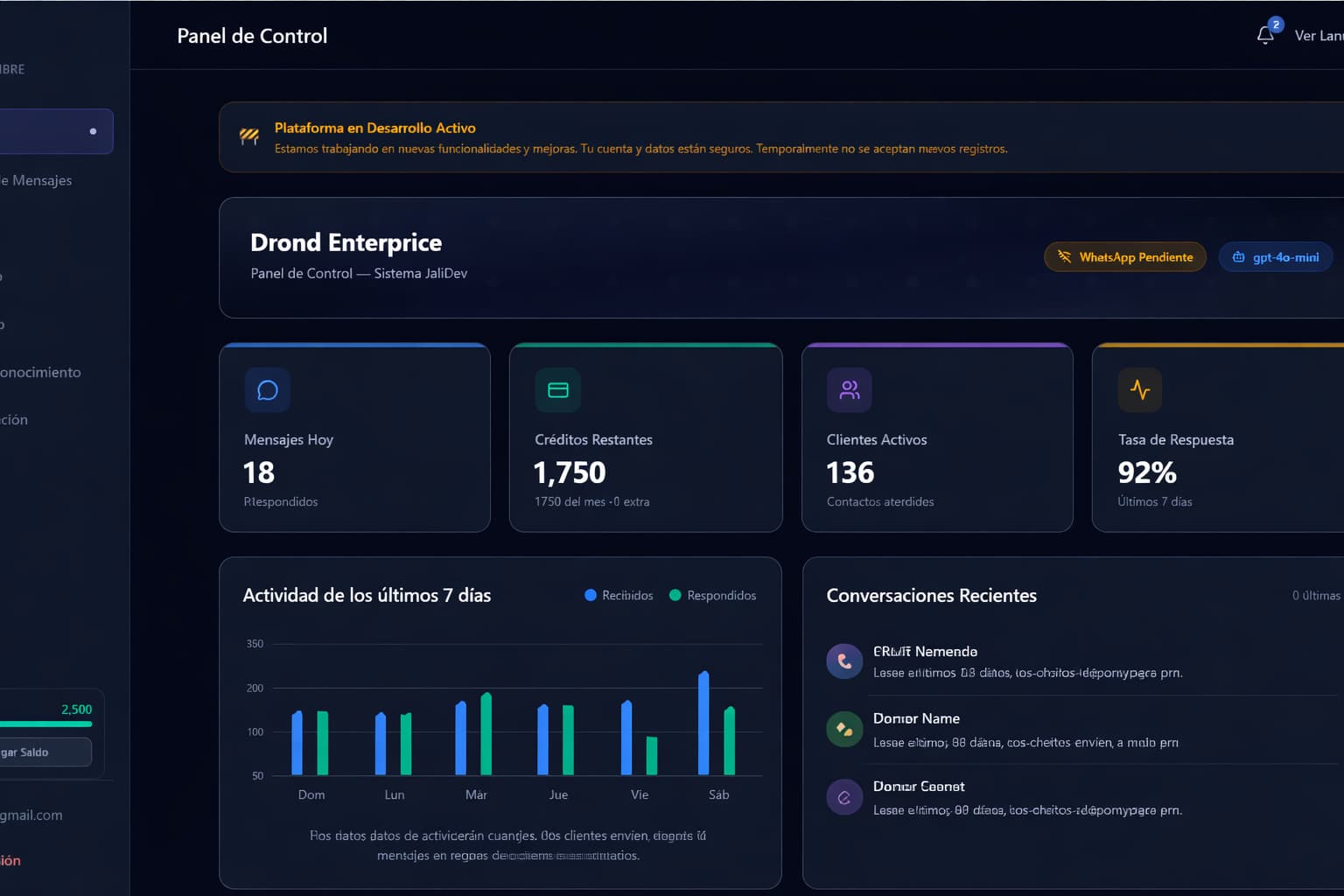 Módulo Panel central del dashboard de JaliDev