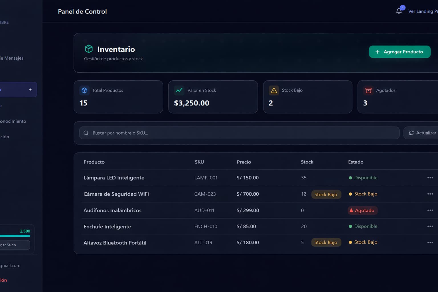 Módulo Inventario del dashboard de JaliDev